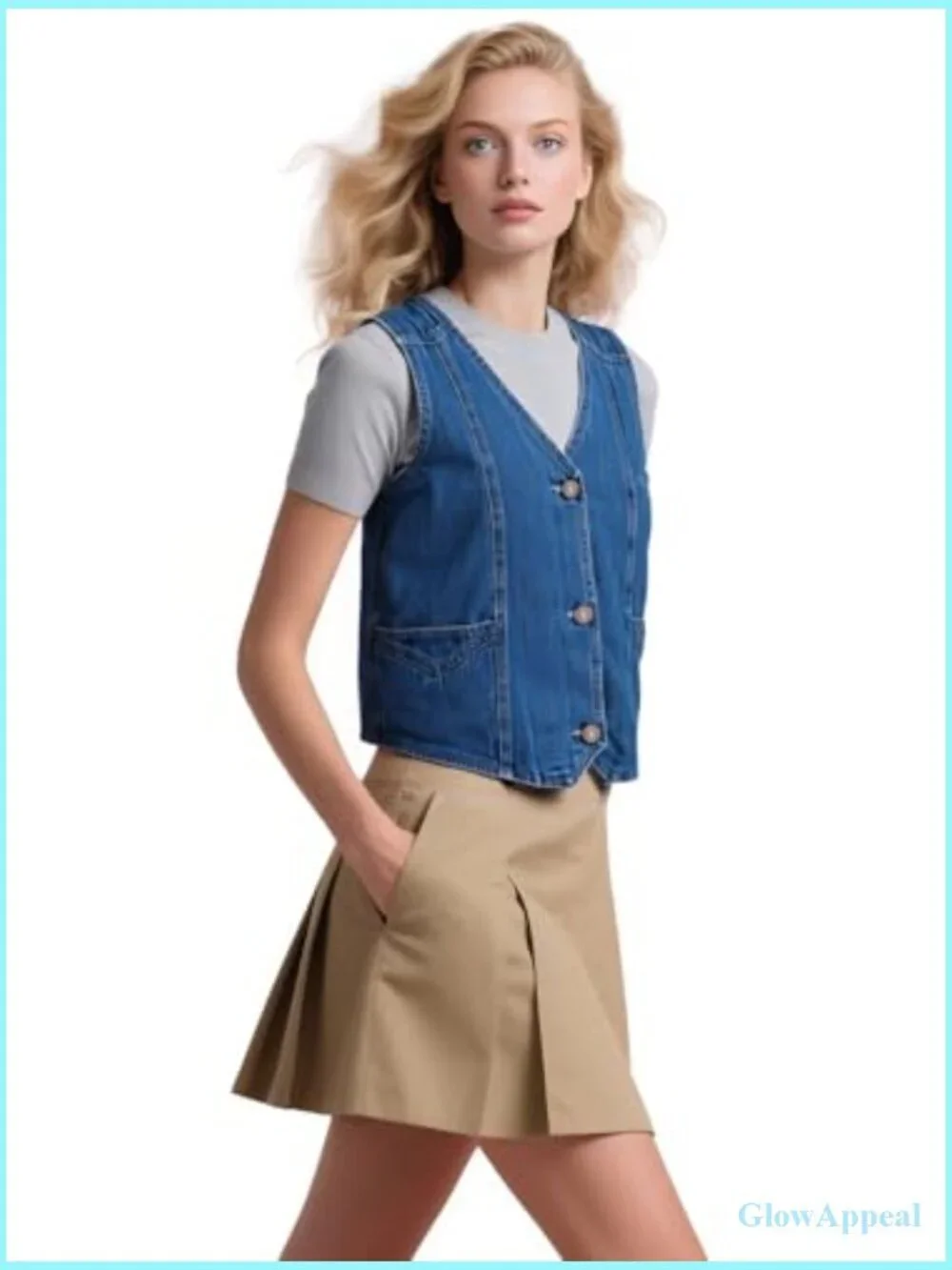 Denim Sleeveless Casual Vest, V Neck Button Front with Pockets